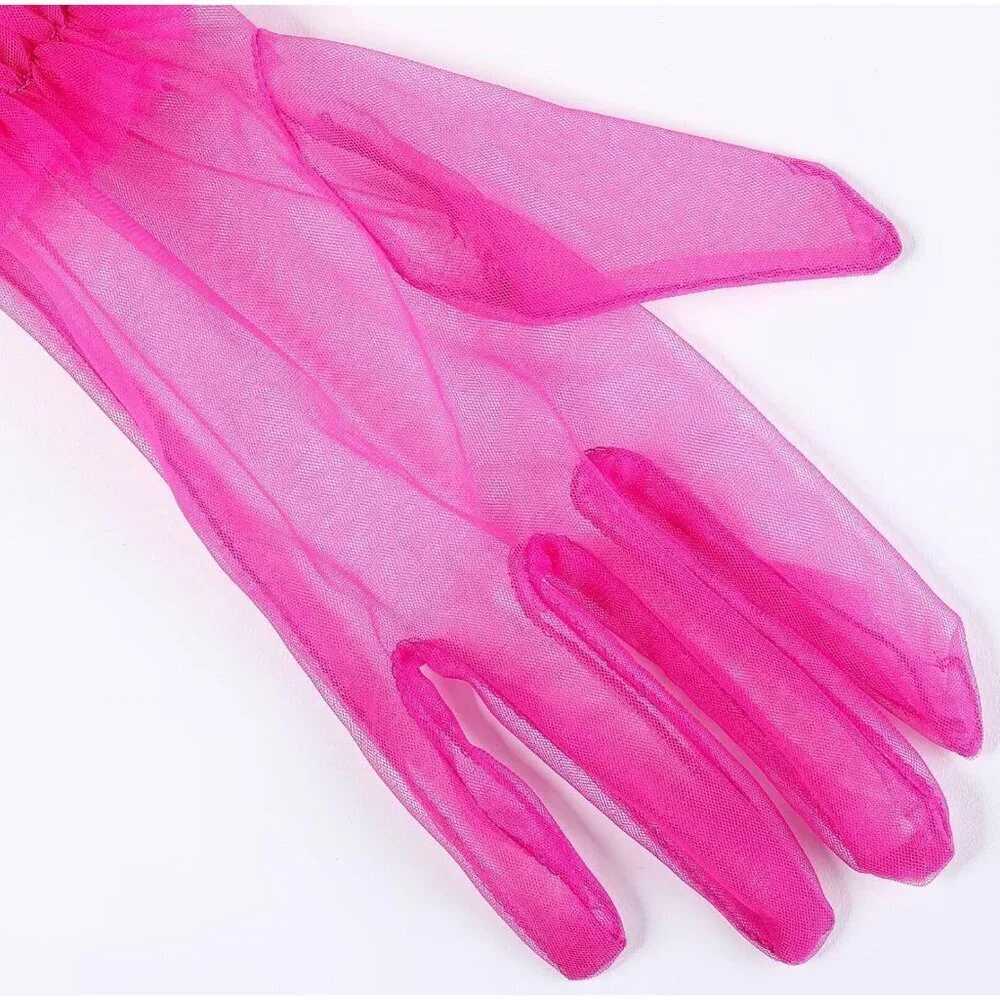 Women's Puffy Ruffle Hot Pink Tulle Sheer Mesh Party Prom One Size Short Gloves